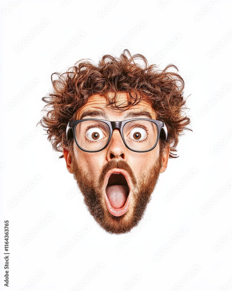 A surprised man with curly hair and glasses, expressing shock and amazement with his wide-open mouth and eyes. A surprised man with curly hair and glasses, expressing shock and amazement with his wide-open mouth and eyes.