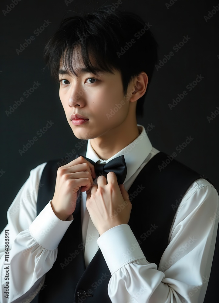 Person adjusting black bowtie over black vest and white shirt. Person adjusting black bowtie over black vest and white shirt.