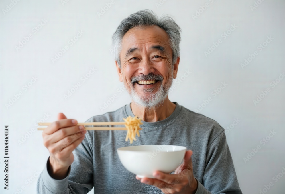 Person eating noodles with chopsticks and bowl Person eating noodles with chopsticks and bowl