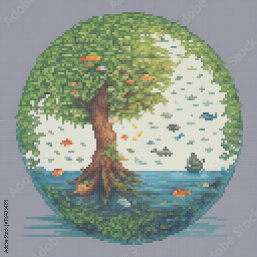 Pixel art cross stitch tree by water