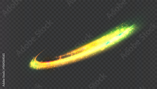 Bright trace of rotation of glowing rays of saturated yellow-green glow. Glowing bright vortex for game interface design. Vector
