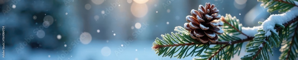 Fototapeta premium Frosty Pinecone Branch with Sparkling Snowflakes, winter scene, snow-covered foliage