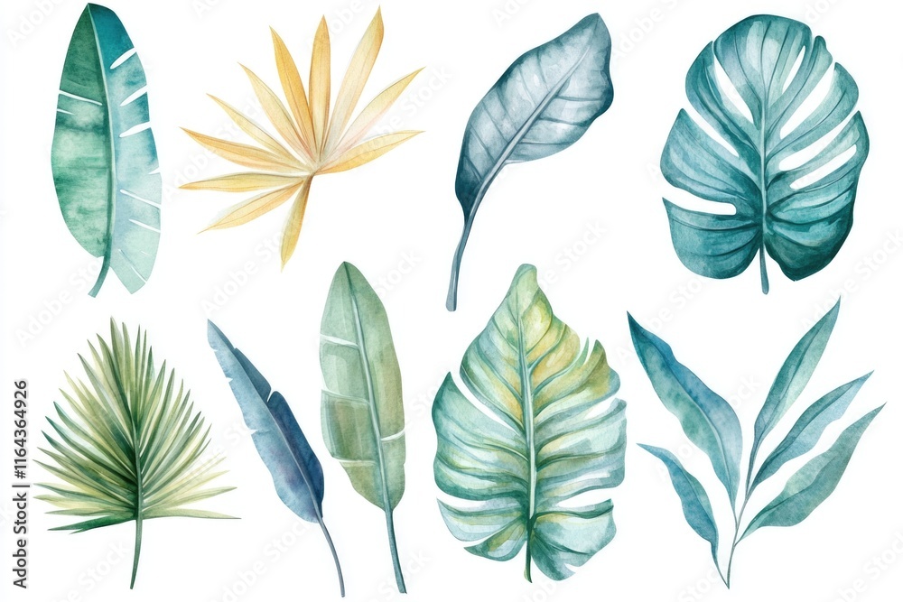 Fototapeta premium A set of colorful tropical leaves painted in watercolor style, great for decoration or design purposes