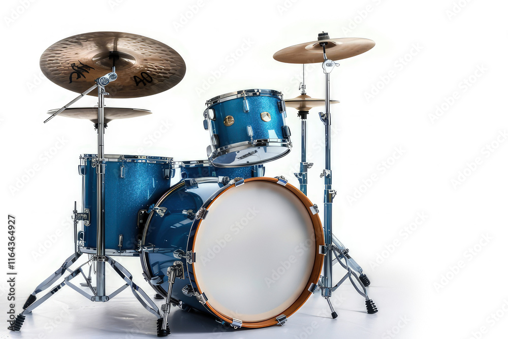A blue drum set featuring a bass drum, snare, toms, cymbals, and stands for music performance. isolated on white background A blue drum set featuring a bass drum, snare, toms, cymbals, and stands for music performance. isolated on white background