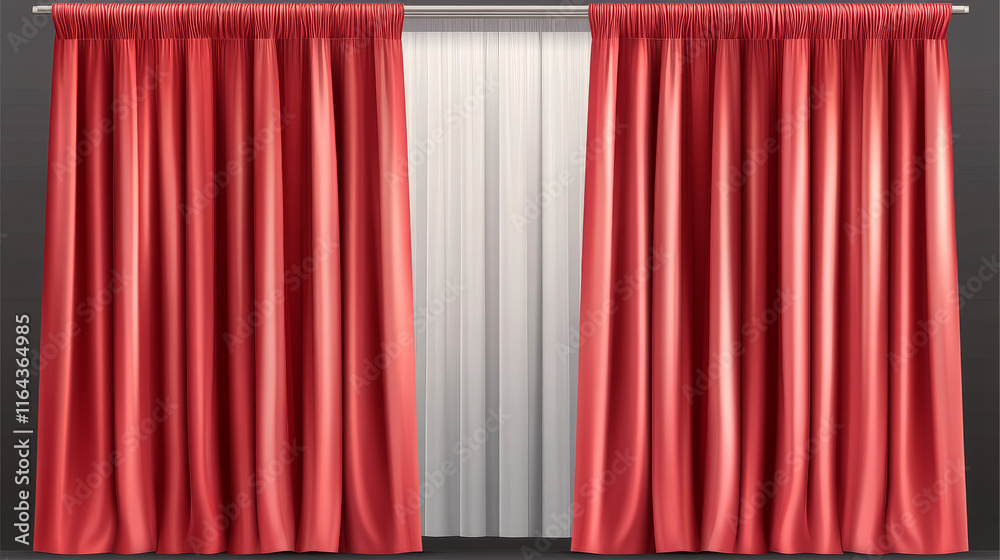 Open red silk fabric curtains, realistic vector illustration. Velvet drapery for theatrical stage, presentation or award ceremony, isolated on transparent background. Scarlet home window textile Open red silk fabric curtains, realistic vector illustration. Velvet drapery for theatrical stage, presentation or award ceremony, isolated on transparent background. Scarlet home window textile