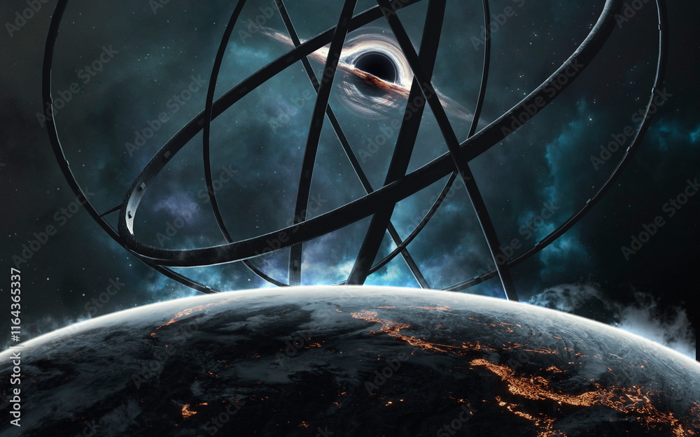 3D illustration of A huge space station - an artificial structure. High quality digital space sci-fi art in 5K - realistic visualization. Render