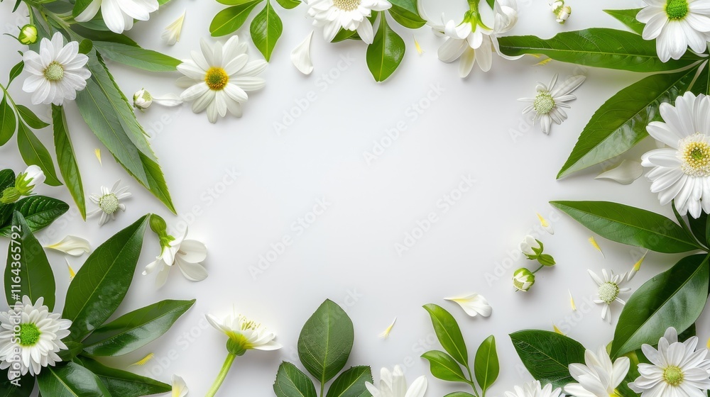 White Flowers and Green Leaves Frame on White Background White Flowers and Green Leaves Frame on White Background