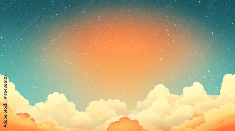 Realistic set of morning, night and sunset sky seamless texture with fluffy white clouds on blue, stars shimmering in dark space, orange dawn cloudscape. Vector illustration of day, evening background Realistic set of morning, night and sunset sky seamless texture with fluffy white clouds on blue, stars shimmering in dark space, orange dawn cloudscape. Vector illustration of day, evening background