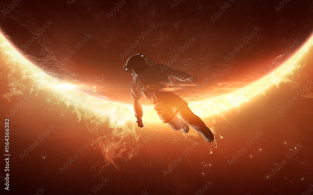 3D illustration of A blazing star in space, a burning sun, very high temperature and astronaut. High quality digital space sci-fi art in 5K - realistic visualization. Render