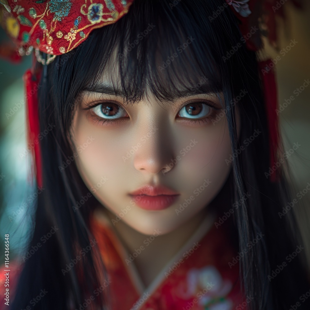 Elegant Asian Woman in Red Kimono Portrait Elegant Asian Woman in Red Kimono Portrait