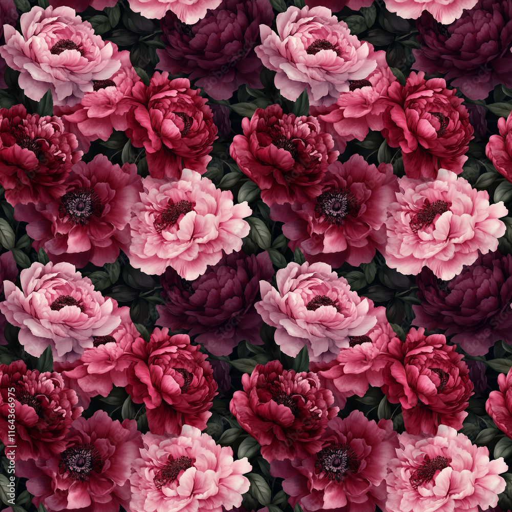 Elegant floral painting seamless pattern with red, burgundy and pink peonies, leaves, flowers. Ornate floral background. Luxury renaissance wallpapers. Repeated design for decor, textile, print Elegant floral painting seamless pattern with red, burgundy and pink peonies, leaves, flowers. Ornate floral background. Luxury renaissance wallpapers. Repeated design for decor, textile, print