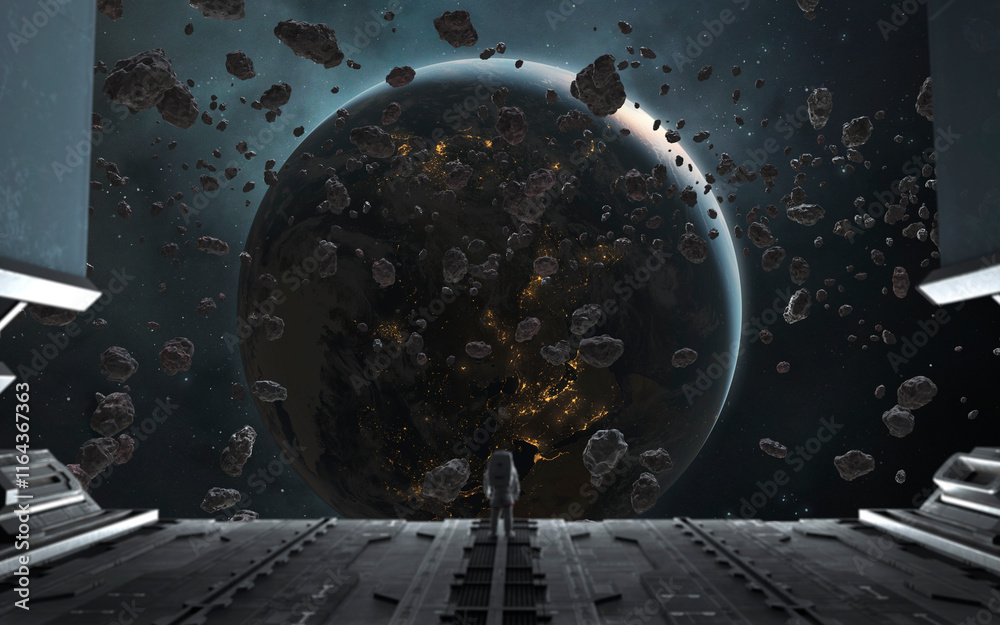 3D illustration of An astronaut looks to the asteroid field from a platform of a space station. High quality digital space sci-fi art in 5K - realistic visualization. Render
