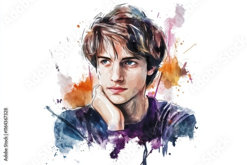 Watercolor illustration of a young man with expressive facial expression, suitable for editorial or commercial use