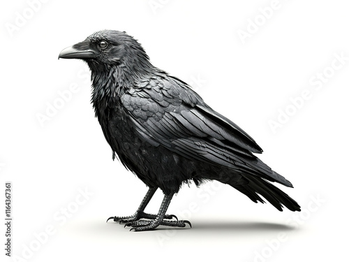 birds on a white background, black crow in profile