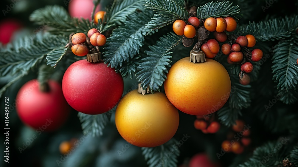 Christmas ornaments adorn a lush evergreen tree branch Christmas ornaments adorn a lush evergreen tree branch
