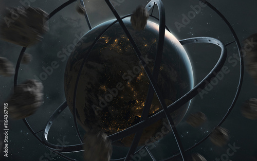 3D illustration of A giant ring-shaped space station around Earth planet. High quality digital space sci-fi art in 5K - realistic visualization. Render