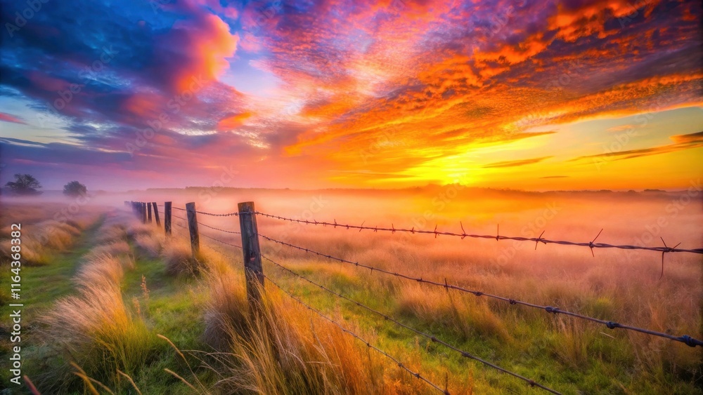 Serene Sunrise Mist over a Rustic Wire Fence in a Grassy Field Serene Sunrise Mist over a Rustic Wire Fence in a Grassy Field