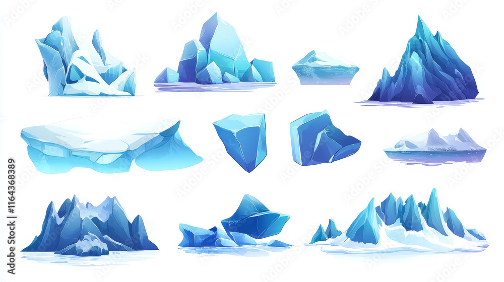 Iceberg piece and arch floating. Cartoon vector illustration set of blue ice and snow glacier mountain cube. Collection of floe for northern pole landscape design. Arctic frozen crystal water block. Iceberg piece and arch floating. Cartoon vector illustration set of blue ice and snow glacier mountain cube. Collection of floe for northern pole landscape design. Arctic frozen crystal water block.