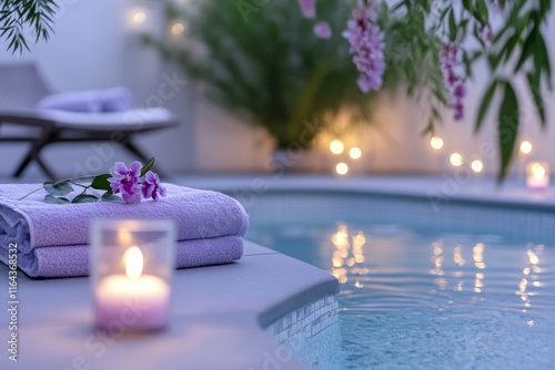 Relaxing Poolside. A serene poolside scene with towels, candles, and flowers at dusk.