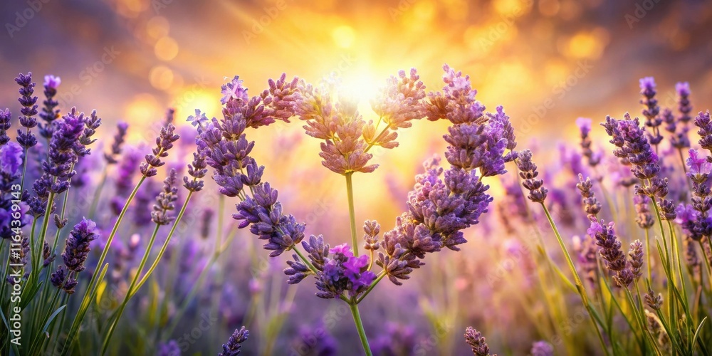 Obraz premium Heart-shaped lavender blossoms bathed in the warm glow of a setting sun, creating a romantic and serene scene in a field of purple flowers.