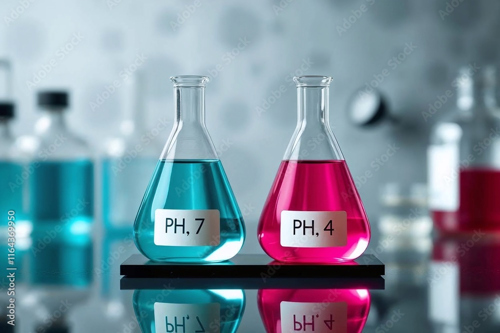 Two glass flasks with blue and pink solutions labeled pH 7 and pH 4 in a laboratory setting. Two glass flasks with blue and pink solutions labeled pH 7 and pH 4 in a laboratory setting.