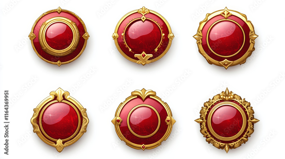 Red game buttons, achievement badges with golden frames. Vector cartoon set of round icons with gold border in medieval style, circle award labels isolated on background Red game buttons, achievement badges with golden frames. Vector cartoon set of round icons with gold border in medieval style, circle award labels isolated on background