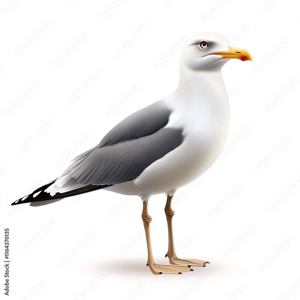 birds on a white background, Seagull with white and black feathers on a white isolated background birds on a white background, Seagull with white and black feathers on a white isolated background