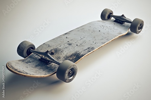 A close-up shot of a skateboard with black wheels on a white surface photo