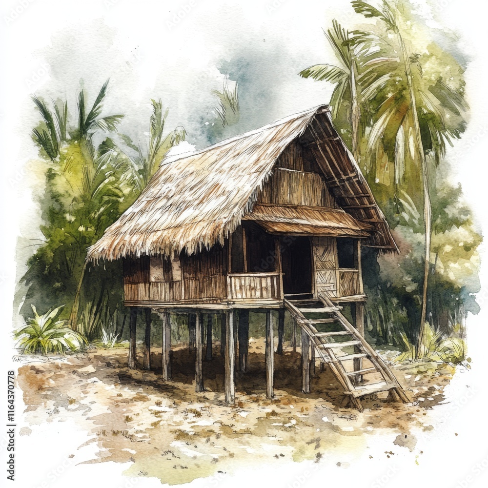 Tropical Stilt House in Lush Jungle Setting Tropical Stilt House in Lush Jungle Setting