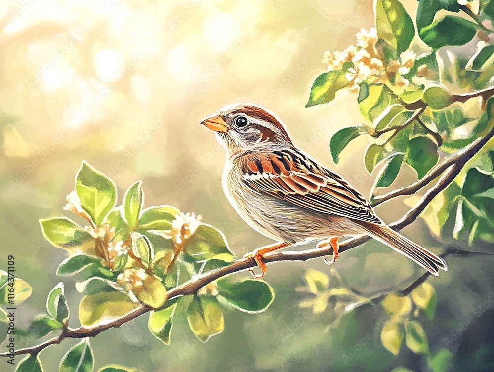 Fototapeta premium A sparrow sits on a tree branch in the morning at sunrise.