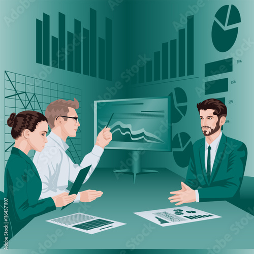 Group of people conducts stakeholder interviews to identify and understand problems in the decision-making process. Flat vector illustration.
