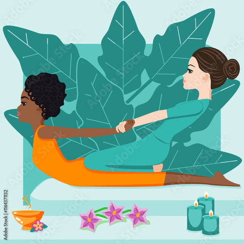 Thai massage. Therapy and treatment by professional therapist in SPA. Isolated flat vector illustration. European and African ethnicity.
