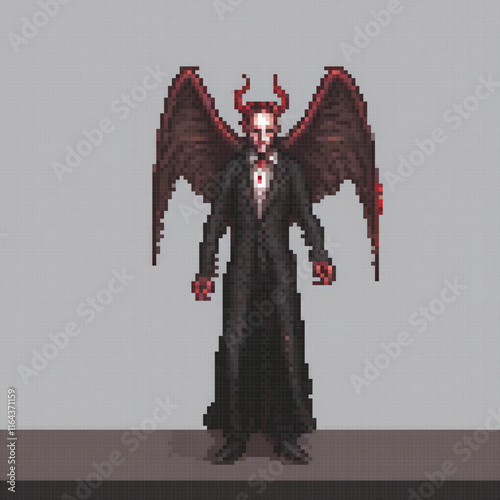 Pixel art of a man in a black suit with red horns and wings