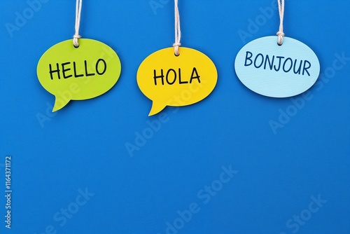 Colorful speech bubbles with greetings in English, Spanish, and French on a vibrant blue background. Translation concept photo