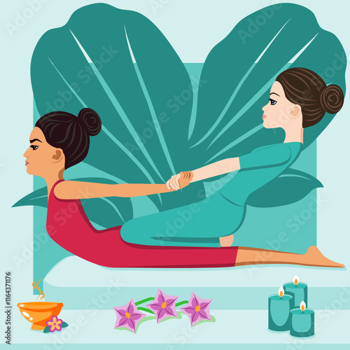 Thai massage. Therapy and treatment by professional therapist in SPA. Isolated flat vector illustration. European and Eastern ethnicity.