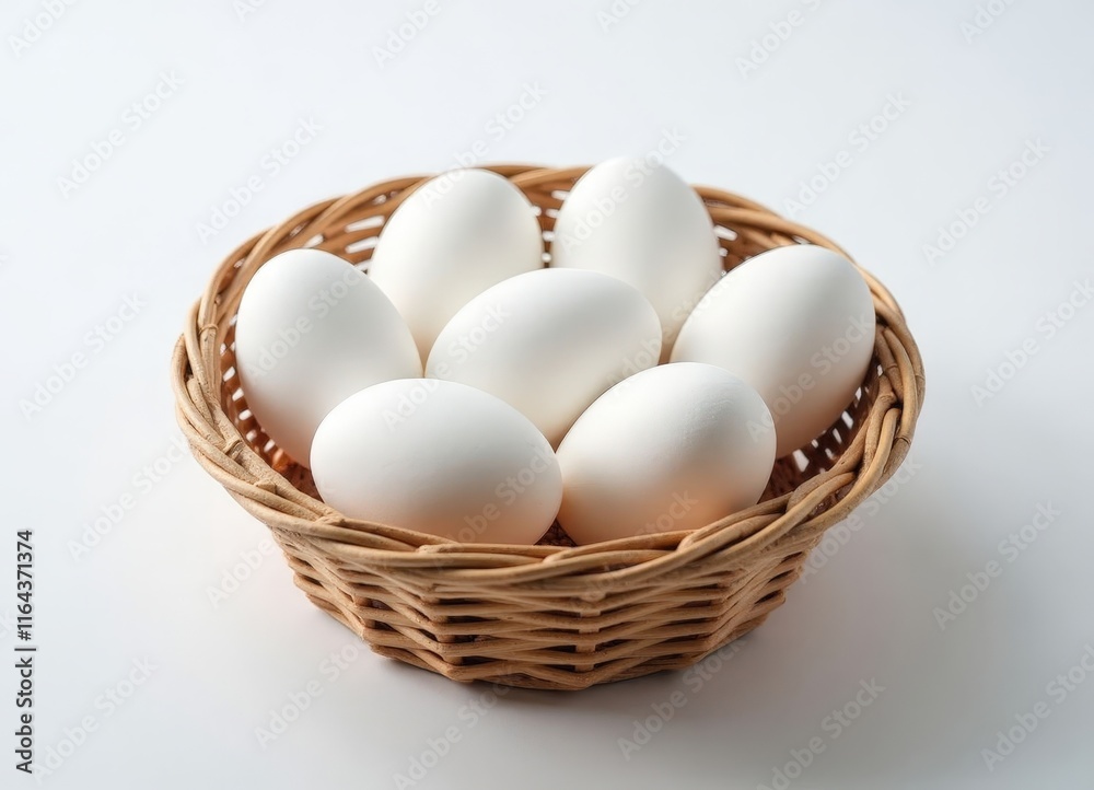 Six white eggs in a woven basket Six white eggs in a woven basket
