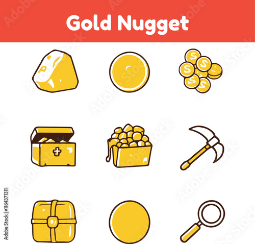 Simple Set of gold rush mining Related Vector icon user interface graphic design. Contains such Icons as gold nugget, spade, worker, job, mountain, wheelbarrow, pan, panning, dynamite, truck, boots
