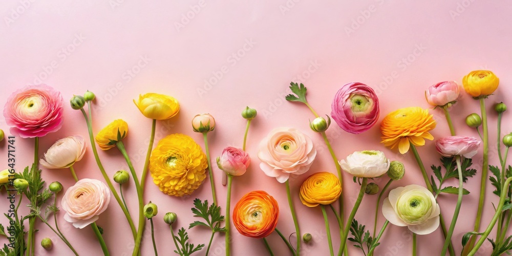 Fototapeta premium Vibrant Ranunculus Blooms Arranged in a Festive Floral Border on Pink Background