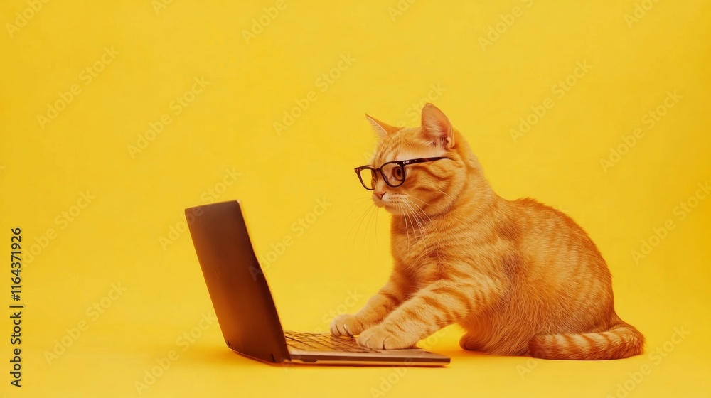 Ginger Cat Working on Laptop, Yellow Background Ginger Cat Working on Laptop, Yellow Background