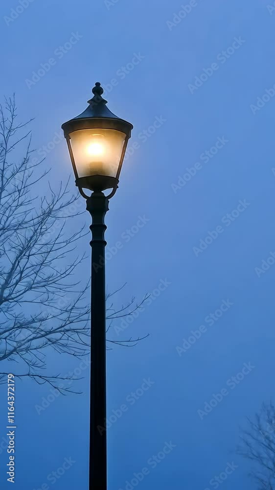 Lamp post illuminates a quiet street on a foggy evening with bare tree branches in the background Lamp post illuminates a quiet street on a foggy evening with bare tree branches in the background