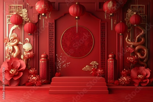 3D Chinese New Year red podium with lanterns gift boxes Chinese element background. perfect for Spring Festival, online shop, greeting cards, and premium design projects