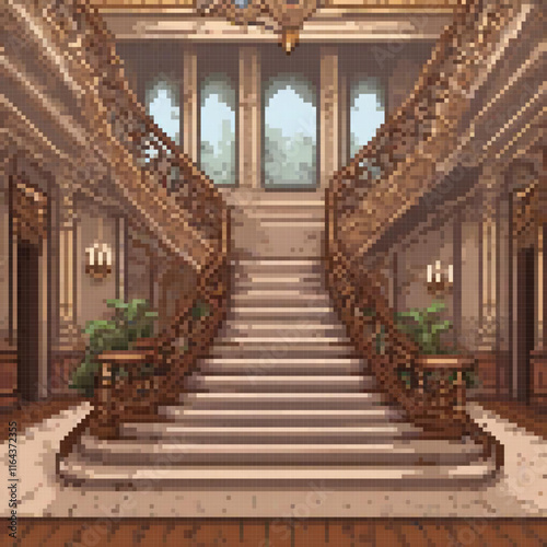 Pixel art of a staircase in a building