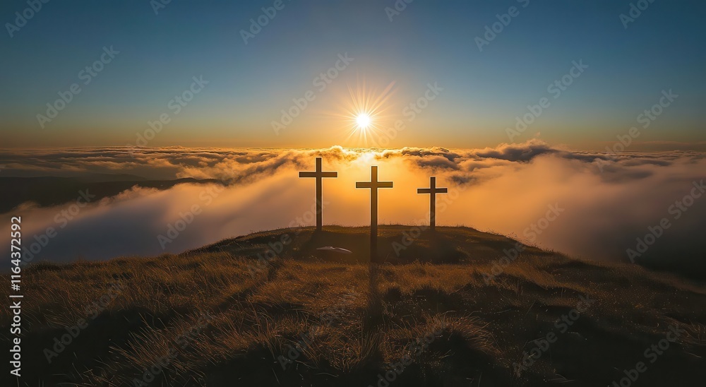 Obraz premium Three Crosses on a Hilltop Against a Stunning Sunset with Sun Rays Illuminating the Landscape and Clouds, Symbolizing Peace, Faith, and Solitude in Nature