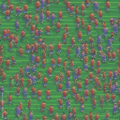 Pixel art depicting a vibrant soccer match with enthusiastic fans cheering on the field.