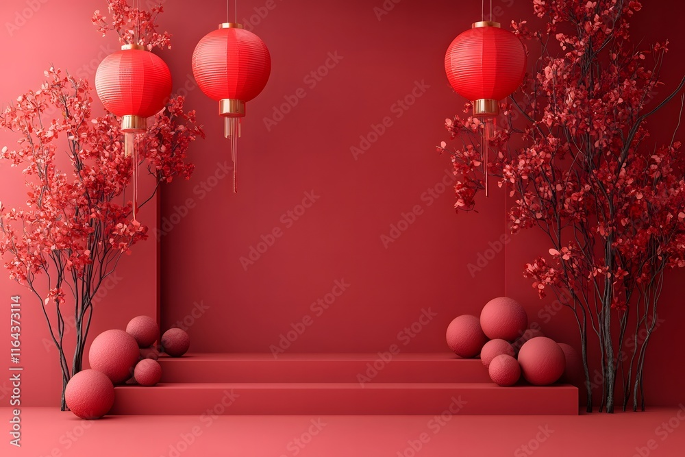 3D Chinese New Year red podium with lanterns gift boxes Chinese element background. perfect for Spring Festival, online shop, greeting cards, and premium design projects 3D Chinese New Year red podium with lanterns gift boxes Chinese element background. perfect for Spring Festival, online shop, greeting cards, and premium design projects