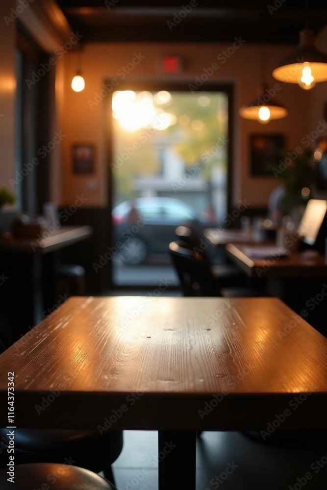 Wooden table standing alone in the center of a dimly lit cafe with soft golden glow and blurred background, light reflection, bokeh Wooden table standing alone in the center of a dimly lit cafe with soft golden glow and blurred background, light reflection, bokeh