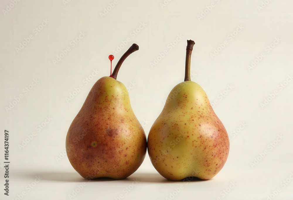 Two pears, one with a red pin on stem