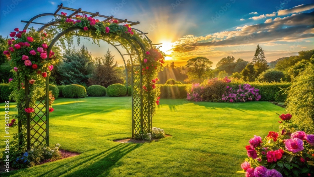 Fototapeta premium Serene Sunset Garden Scene with Blooming Rose Archway