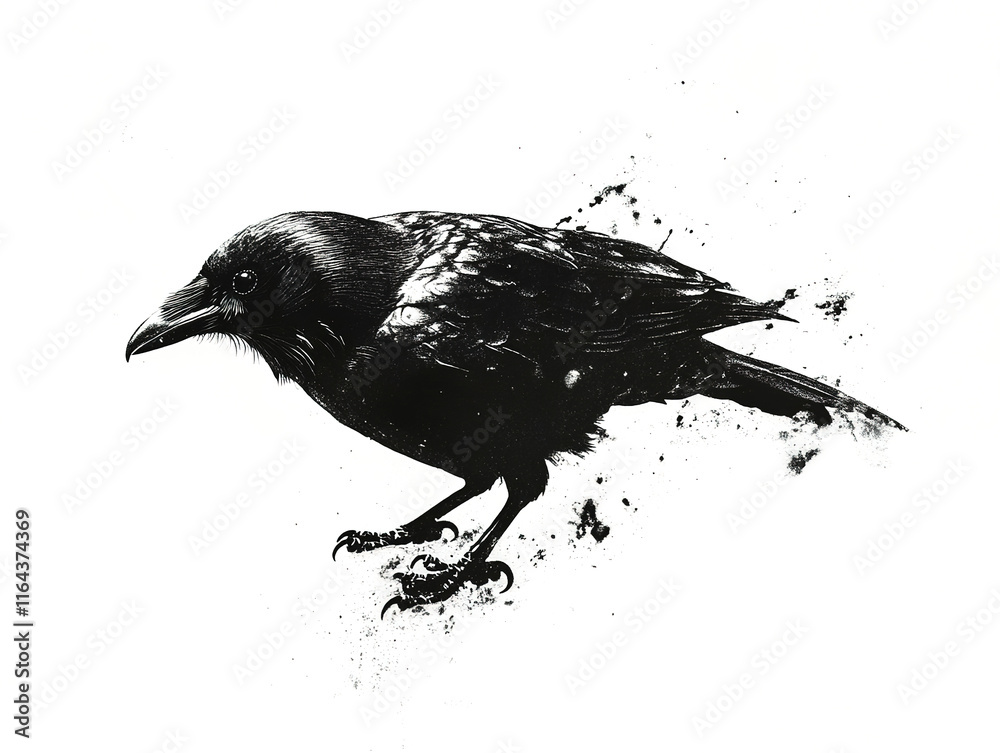 Fototapeta premium birds on a white background, graphic image of a black crow on a white background