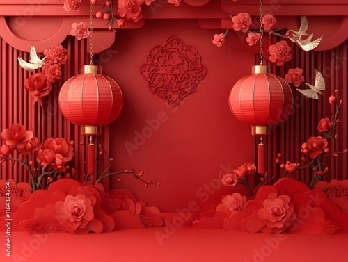 3D Chinese New Year red podium with lanterns gift boxes Chinese element background. perfect for Spring Festival, online shop, greeting cards, and premium design projects photo